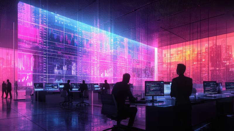 Futuristic office with programmers working in neon-lit tech environment royalty free illustration