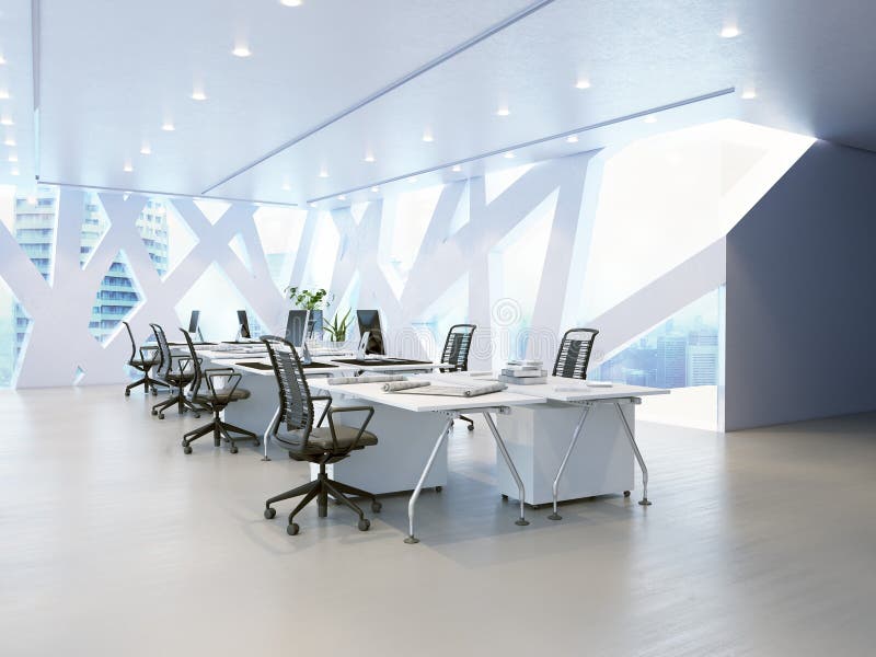 A futuristic office room with geometric window. 3d render stock illustration