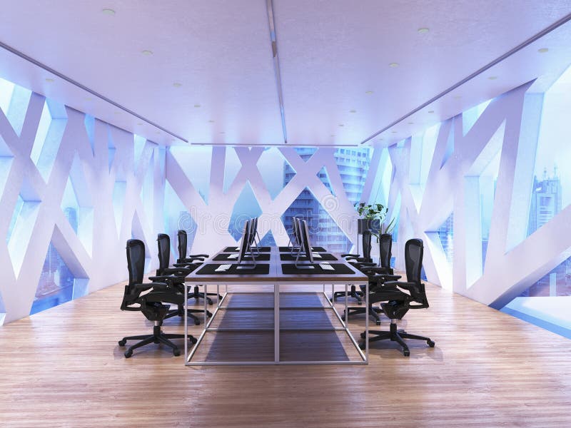 A futuristic office room with geometric window. 3d render vector illustration