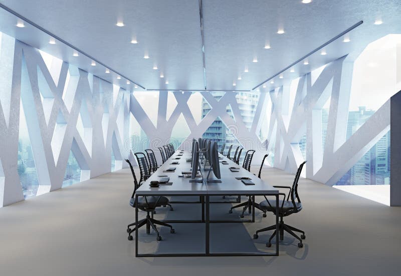 A futuristic office room with geometric window. 3d render stock illustration