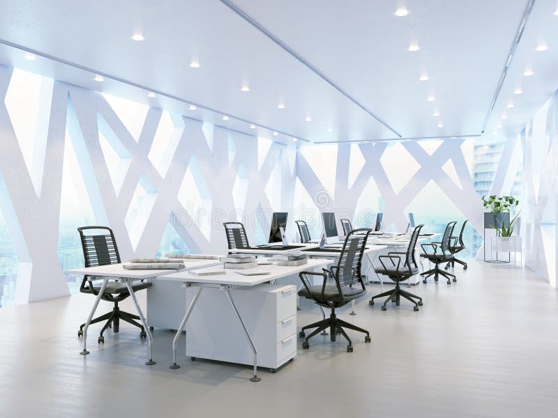 A futuristic office room with geometric window. 3d render royalty free illustration