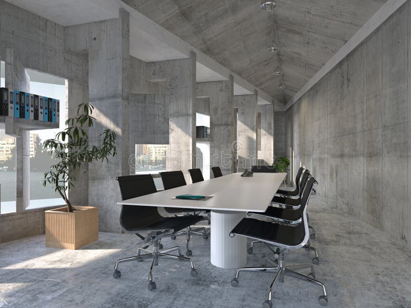 A futuristic office room with geometric window. 3d render royalty free illustration