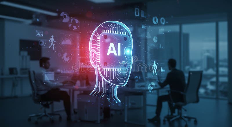 Futuristic office scene with a large, glowing digital head outline displaying \'AI\' at royalty free illustration
