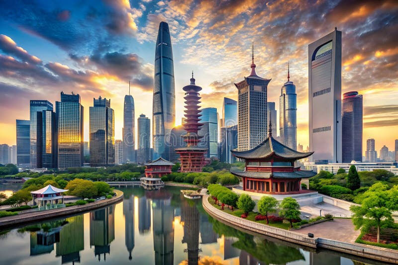 Futuristic office skyline with oriental influence vector illustration