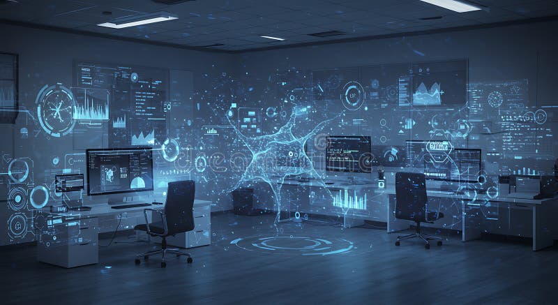 Futuristic office space with multiple workstations featuring large computer royalty free illustration