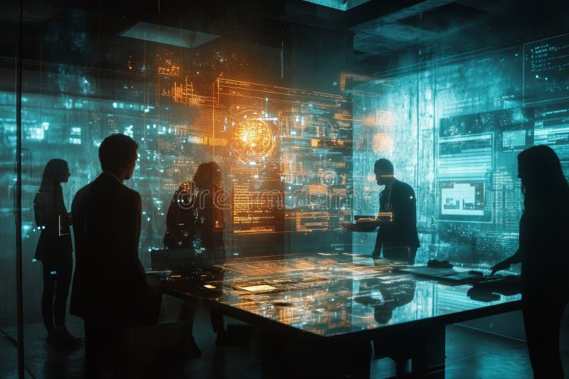 Futuristic Office с High Tech Holographic Interface для совместных инноваций иллюстрация вектора