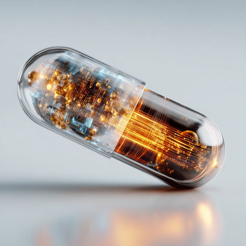 Futuristic Orange Cyber Capsule with Glowing Digital Circuit stock illustration