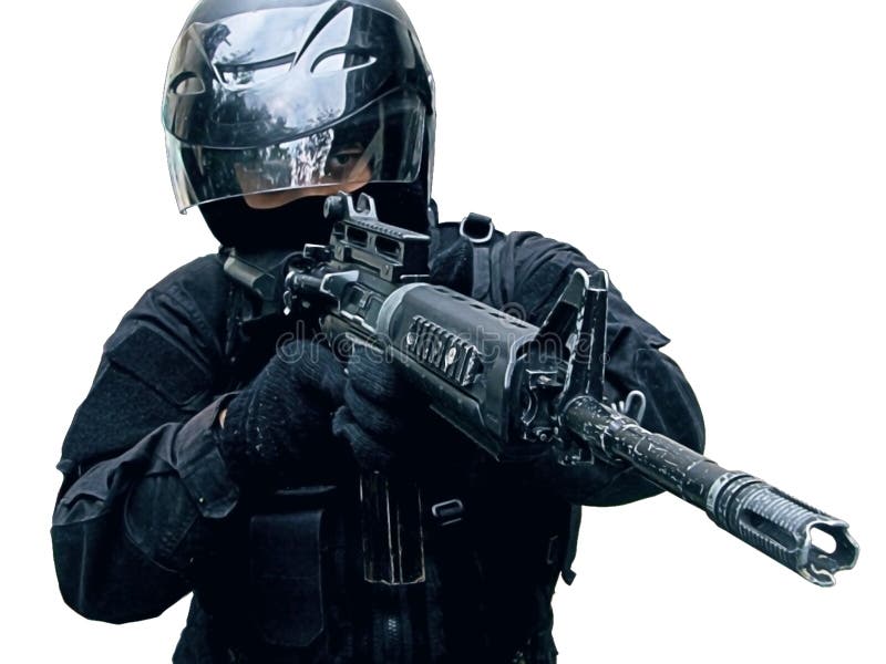 Futuristic police officer holding up and aiming with his AR 15 type carbine.