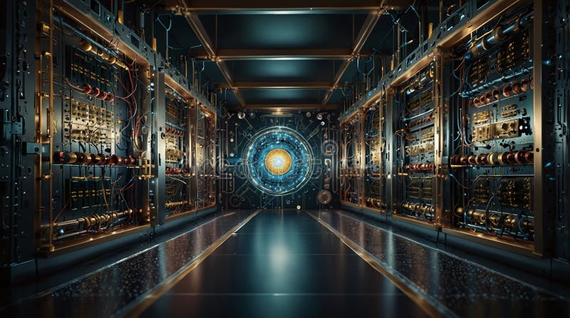 Futuristic Quantum Computer Core with Advanced Circuitry in High-Tech Server Room royalty free illustration