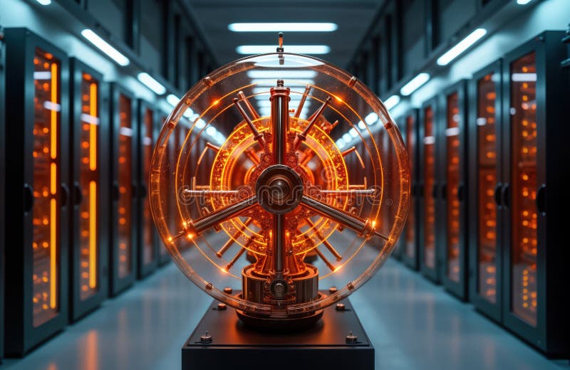 Futuristic quantum computer design in server room. Complex tech design glows with warm orange light. Modern tech innovation. vector illustration
