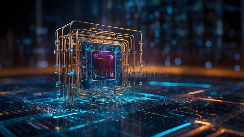 professional photograph of quantum computer processor with blue lighting and visible superconducting circuits
