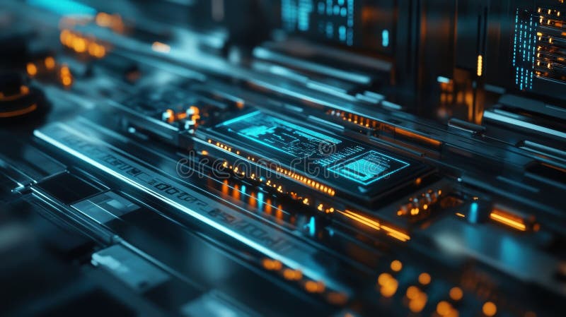 Futuristic quantum computing processing data on motherboard circuit board royalty free stock images