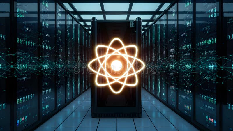 Futuristic Quantum Server Core Illuminates Data Center. Concept Technology, Data Centers, Servers royalty free illustration