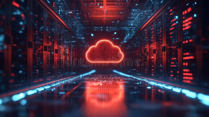 Futuristic Red and Blue Cloud Digital Illustration in Data Center royalty free illustration