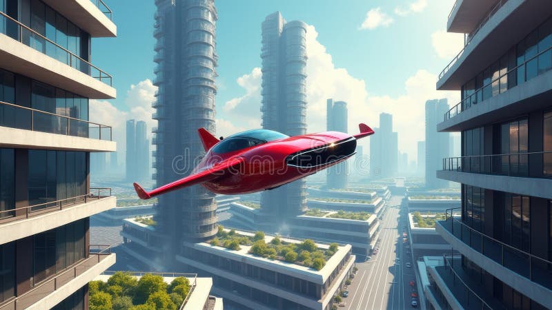 Futuristic Red Flying Car Soaring Over Modern Cityscape vector illustration