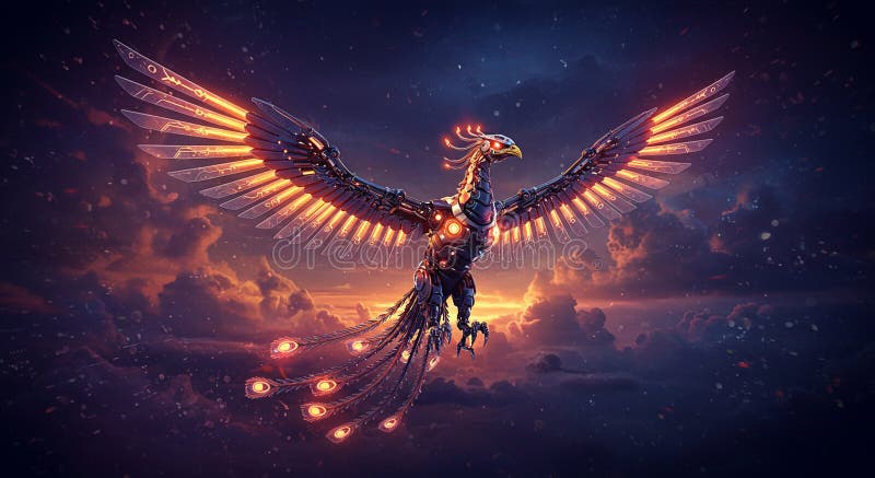 Futuristic rendering of a mechanical phoenix flying through a dramatic sunset sky. stock illustration