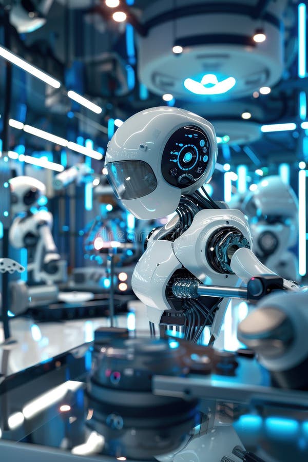 Futuristic Research Lab with Advanced AI Robotic Systems for Industrial Applications stock image