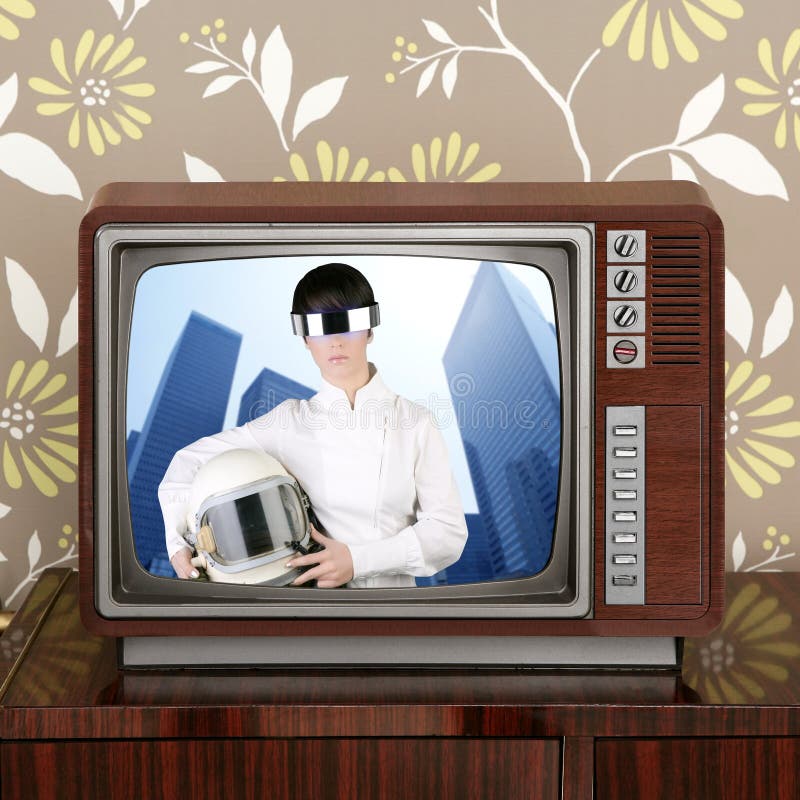 Futuristic and retro contrast in vintage tv future space woman. Futuristic and retro contrast in vintage tv future space woman