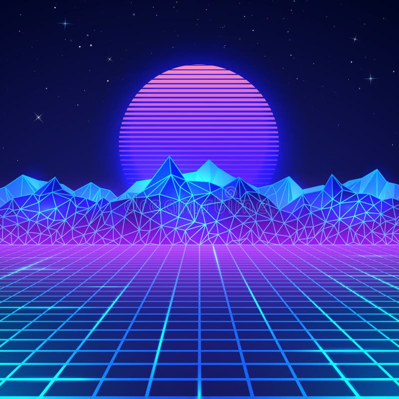 Futuristic retro landscape of the 80`s in neon colors. Sun with mountains in retro style. Digital retro cyber surface. Vector royalty free illustration