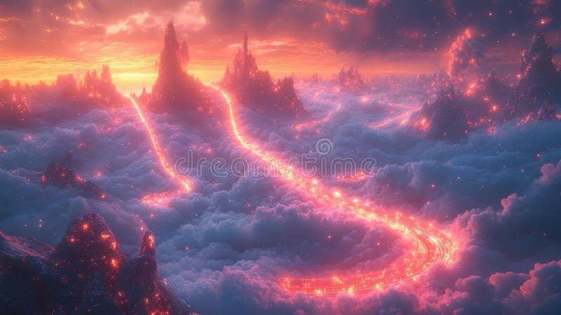 Futuristic roads illuminated by neon lights through mountainous clouds royalty free illustration