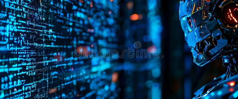 Futuristic robot analyzing data on a digital interface. A highly detailed robotic figure studies complex data displayed on a high-tech digital screen. The image portrays the synergy of artificial intelligence and advanced technology in a futuristic setting. AI generated