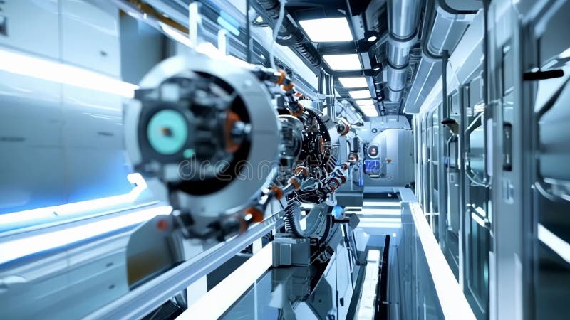 Futuristic robot arm moving inside research facility royalty free illustration