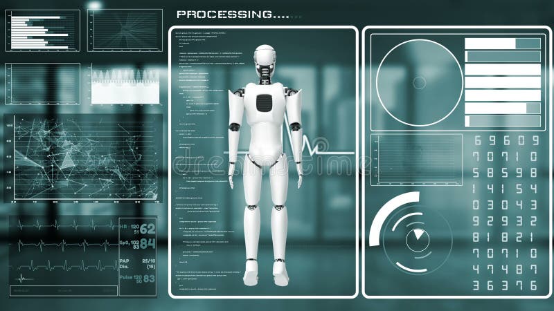 Futuristic robot, artificial intelligence CGI big data analytics and programming stock illustration