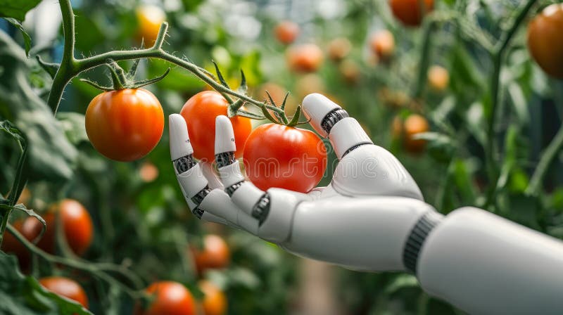 Futuristic robot automation to work to increase efficiency in agriculture stock illustration