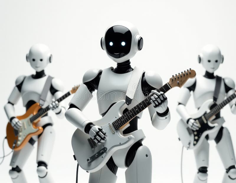 Futuristic Robot Band Playing Electric Guitars - AI Music Performance vector illustration