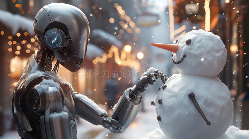 Futuristic Robot Building a Snowman in Festive Street stock photography