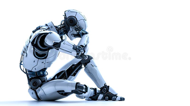 Futuristic Robot in Contemplative Pose on White Background. Modern AI Conceptualization. Perfect for Technology Themes royalty free stock photos