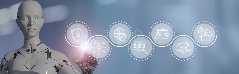 Futuristic robot with cybersecurity interface. A humanoid robot interacts with a futuristic digital interface cybersecurity icons, advanced technology, artificial intelligence, data protection. Shield artificial intelligence stock images, royalty-free photos and pictures