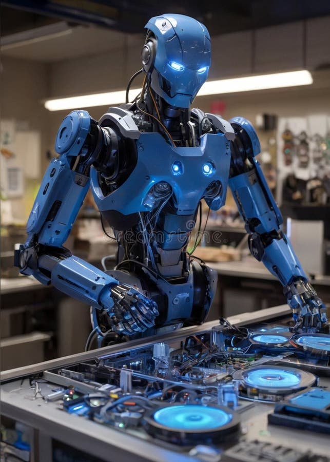 Futuristic Robot DJ in High-Tech Setting. Generative Ai vector illustration