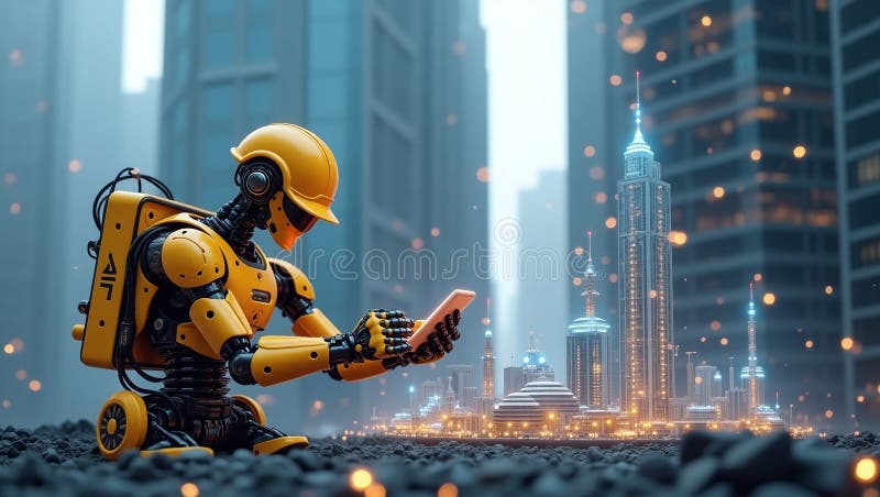 Futuristic Robot Engineer Analyserar Smart City-modell med digital Tablet PC. vektor illustrationer