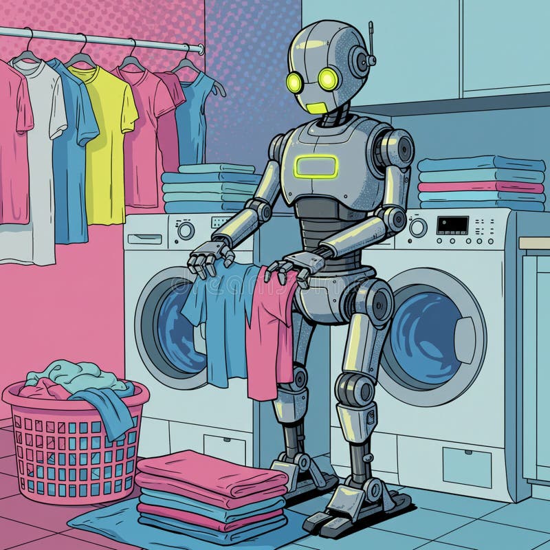 A futuristic robot with glowing green eyes is tending to laundry in a colorful utility royalty free illustration
