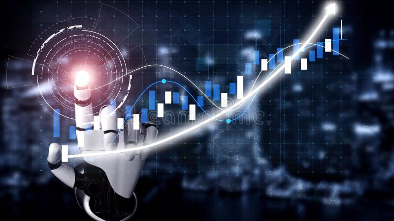 Futuristic Robot Hand Analyzing Financial Data with Rising Graphs and Trend Lines on Dark Background Representing stock illustration