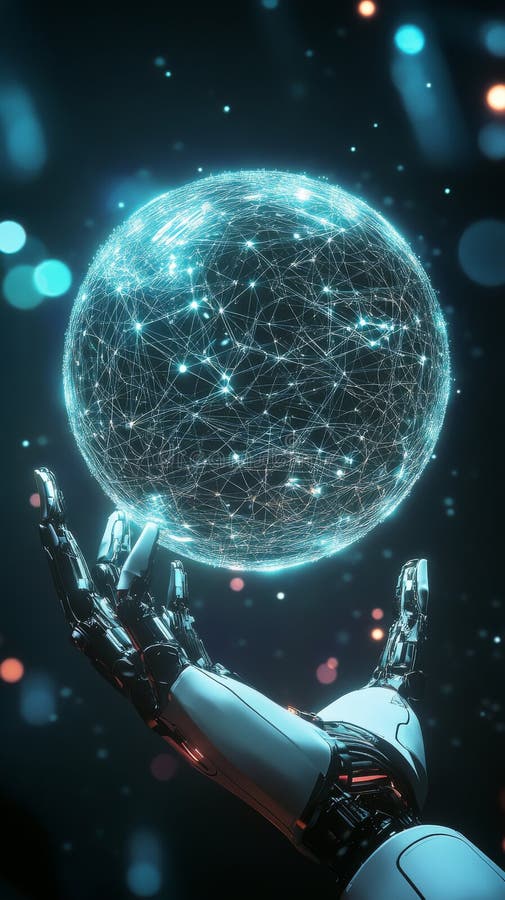 Futuristic Robot Hand with Glowing Network Sphere. A sleek robotic hand displays a glowing, interconnected sphere, emphasizing the themes of advanced robotics, artificial intelligence, and digital innovation.. AI Generation AI generated