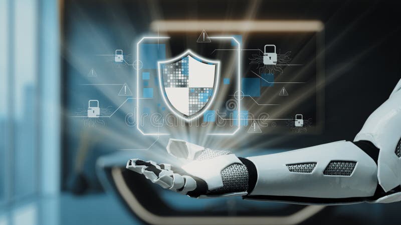 A futuristic robot hand presents a digital shield graphic, symbolizing cyber security and protection in a modern tech environment, showcasing innovation in technology. Auvana. Shield artificial intelligence stock images, royalty-free photos and pictures