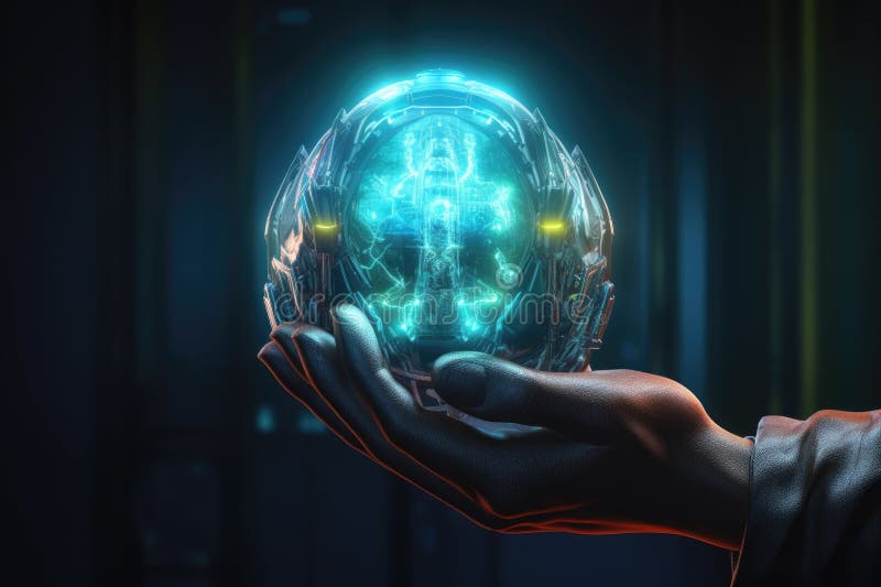 Futuristic robot hand holding a glowing orb stock illustration