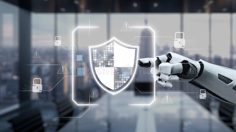 A futuristic robot hand reaching towards a digital cybersecurity shield in a sleek office, symbolizing advanced technology role in data protection and innovation. Auvana. Shield artificial intelligence stock images, royalty-free photos and pictures