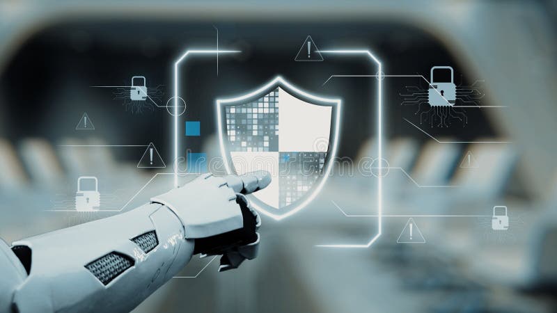 A futuristic robotic hand points at a digital shield, symbolizing the importance of cybersecurity and data protection in modern technology and innovation. Auvana. Shield artificial intelligence stock images, royalty-free photos and pictures