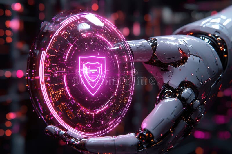 A robotic hand engages with a glowing digital security shield, set against a high-tech circuit board. This image symbolizes advanced technology, cybersecurity, and artificial intelligence. It evokes themes of innovation, digital protection, and the future of AI technology. Shield artificial intelligence stock images, royalty-free photos and pictures