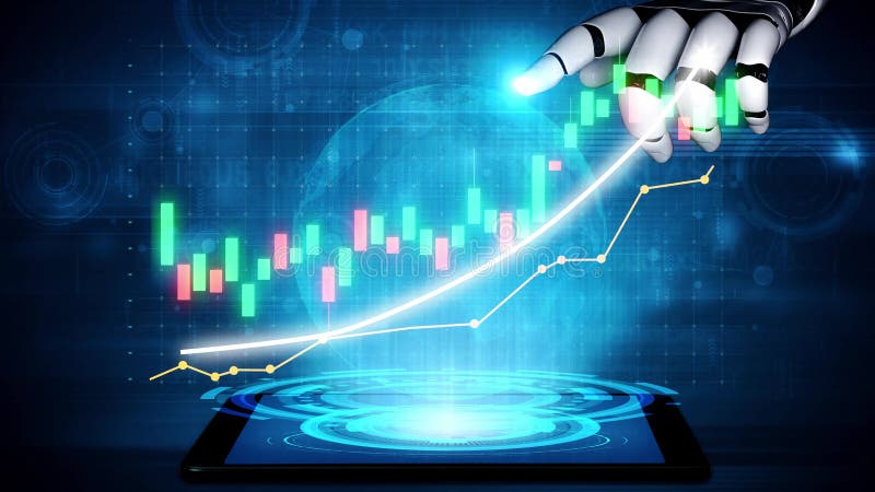 Futuristic Robot Hand Manipulating Financial Data Graph on Tablet Through Advanced Digital Technology and Data vector illustration