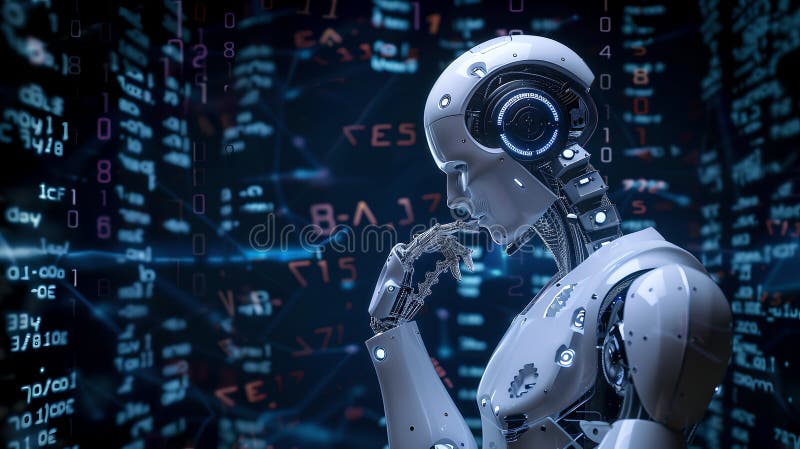 Futuristic Robot Head Profile with Digital Code Background, Concept of Artificial Intelligence. Side View of a Modern AI stock photography
