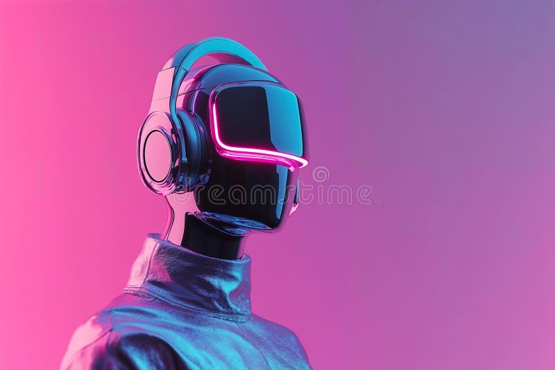 A futuristic robot with a headset on its head. The robot is wearing a metallic suit stock illustration