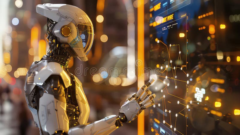 Futuristic Robot Interacting with Digital Interface in Cityscape generated with AI stock illustration