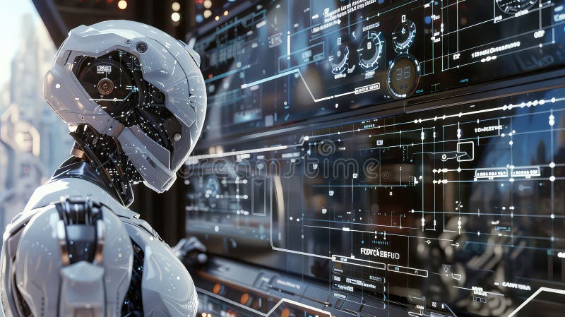 Futuristic robot interacting with holographic interface in tech city generated with AI royalty free illustration