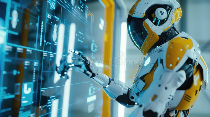 Futuristic robot interacting with virtual screen in technology lab generated with AI. a view of Futuristic robot interacting with virtual screen in technology lab
