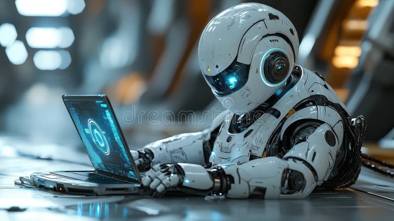 Futuristic robot with laptop in a digital setting royalty free stock image