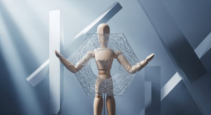 Futuristic robot mannequin with geometric shapes and light rays displaying innovation royalty free illustration